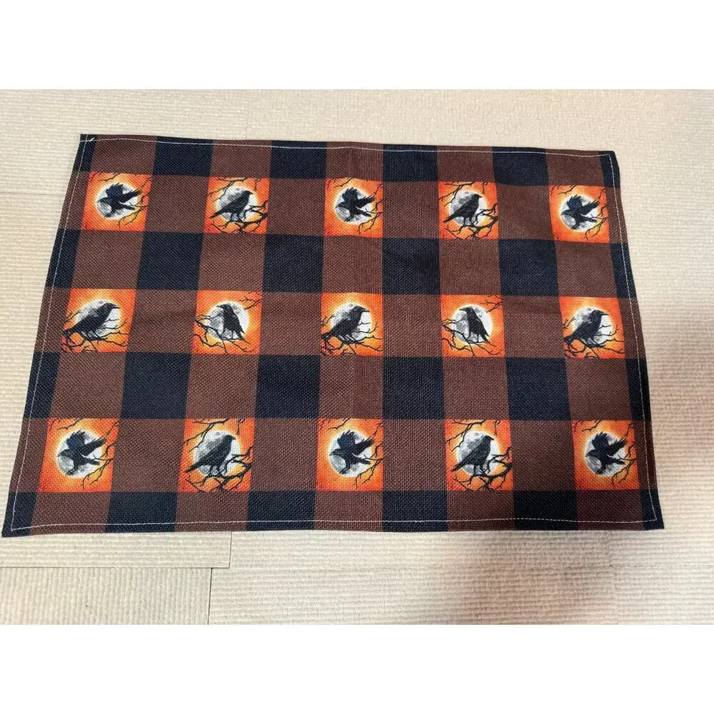 Halloween Crow Placemats (5) Buffalo Plaid Full Moon Raven Gothic Autumn Fall